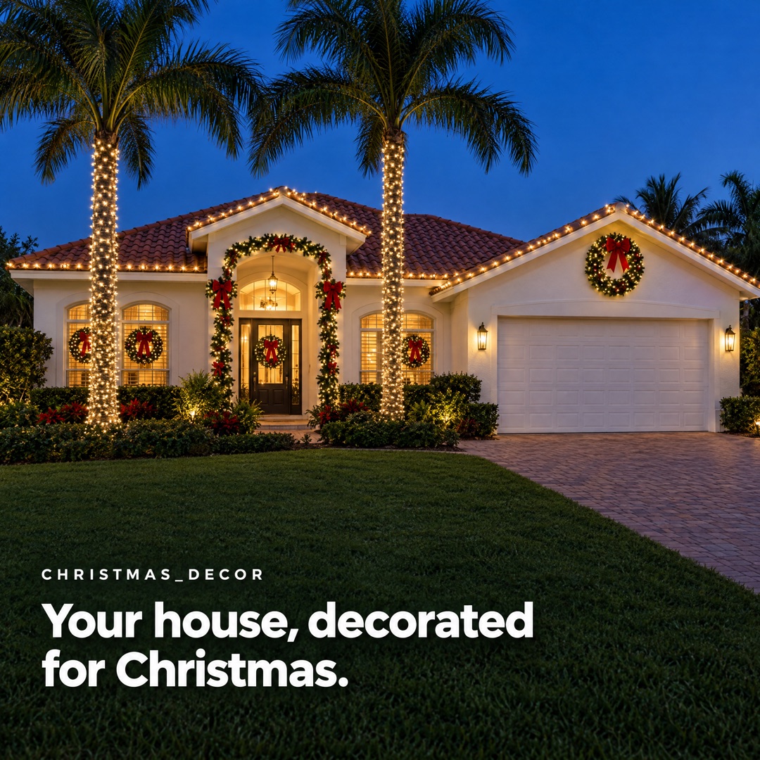 Ad creative: a Florida home at dusk with Christmas lights on the roofline and palm trees, wreaths and garlands, and the headline “Your house, decorated for Christmas.”